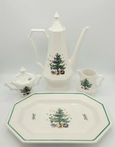 Nikko Christmastime Octogon Coffee Pot, 13&quot; Platter, Creamer, &amp; Sugar Bowl w Lid - £71.05 GBP