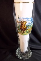 Tall pilsner glass hand painted ELK scene wide gold rim swirled base 9&quot; ... - $16.93