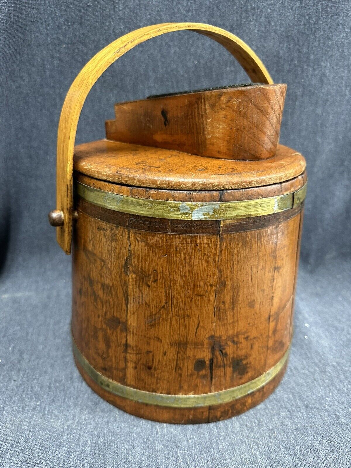 Primary image for Antique Colonial Pine Shoe Shine Wooden Barrel Bucket Round Brass w/ Lid