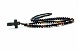 Wood Beads with Black Stone Cross Pendant Men Rosary Necklace Mens Jewel... - £15.02 GBP