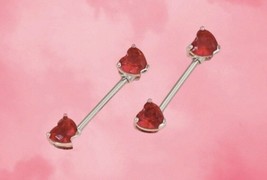 2 Red Crystal Nipple Bars - Heart Barbell Piercing Surgical Steel - £9.62 GBP