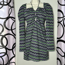 Vintage 90s Zara Green Purple Metallic Geo Striped Cutout Mini Dress Size M - £29.51 GBP