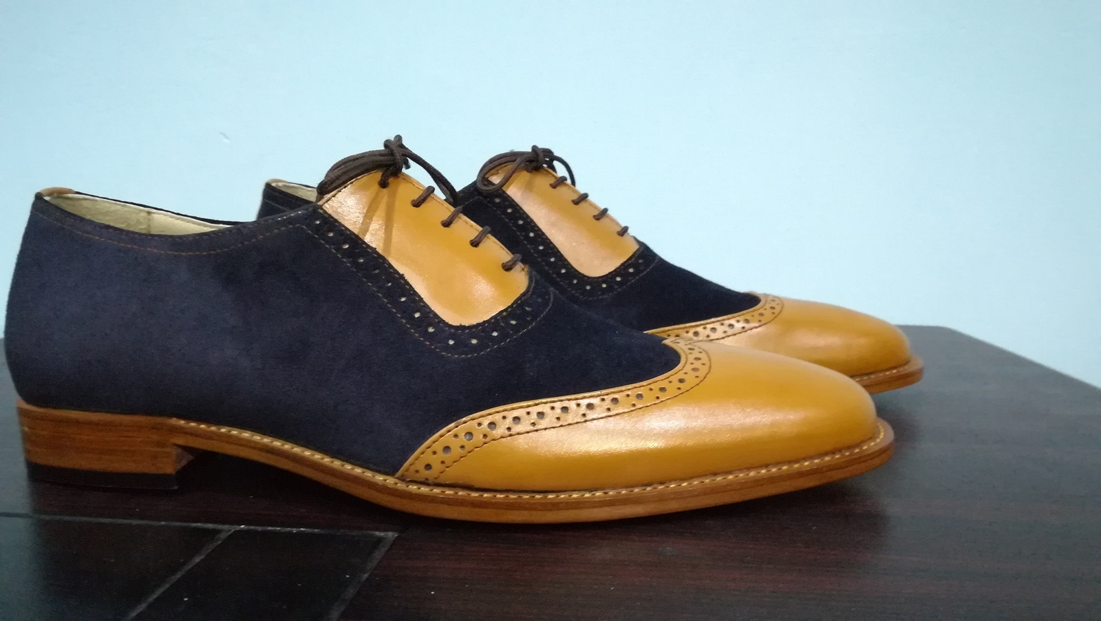 NEW Handmade Men Two Tone Navy Tan Shoes, Men's Wingtip Lace Up Leather Suede Sh