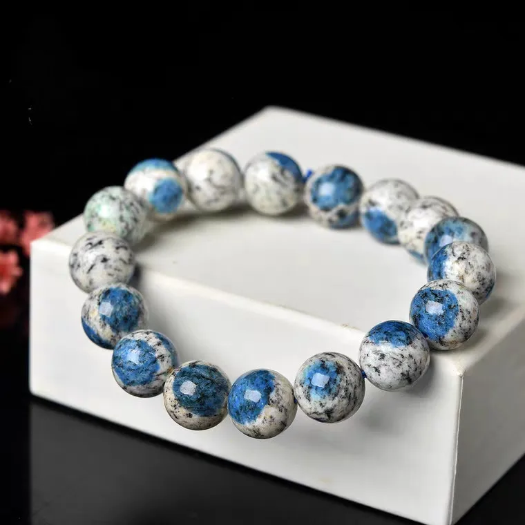 Natural Blue K2 Jade Volcanic Jasper Woman Bracelet Round Beads Bracelet Stretch - £199.52 GBP
