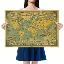 World Architectural Wonders Landmark Vintage Kraft Paper Map Poster 27&quot; x 21&quot; - £6.24 GBP