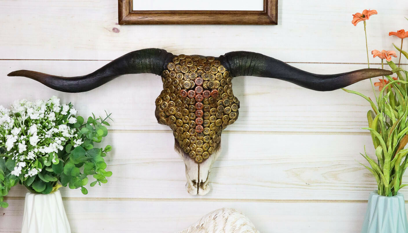 Western 12 Gauge Shotgun Bullets Texas Longhorn Bull Cow Skull Wall Deco... - $36.99