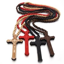 Men&#39;s Large Jesus Cross Wooden Pedant Necklace Christian Jewelry Ball Chain 35&quot; - £11.24 GBP