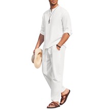 Men&#39;S Cotton Linen Sets 2 Piece Casual White Henley Shirt Long Sleeve Be... - £61.32 GBP