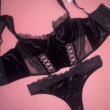 Victoria&#39;s Secret 36C 36D L Corset Top Bra Set L Thong Velvet Velour Black Lace - £62.29 GBP