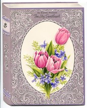 Gibson Keepsake 7x9&quot; Easter Greeting Card Vintage 60s Embossed Pink Tulips - $12.30