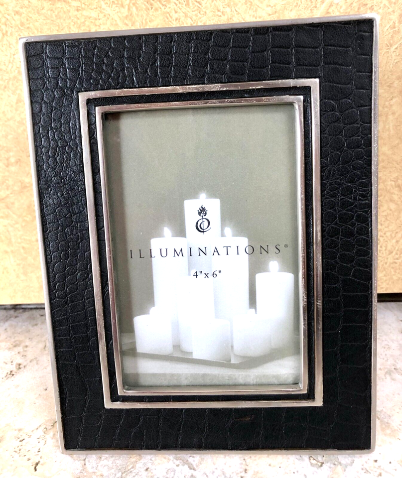 Illuminations Black Gator Leather Picture Photo Frame Glam Metal 4x6" New NIB - £20.13 GBP