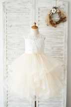 Ivory Lace Champagne Tulle Short Knee Length Wedding Flower Girl Dress - £77.77 GBP
