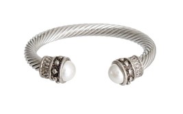 Fashion Women White Pearl Thick Cable Classic Burnished Silver Bangle Bracelet - £23.50 GBP