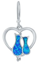 Sterling Silver Blue Inlay Opal Hugging Kitty Cats Heart Shape Dangling Earrings - £41.75 GBP