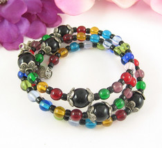 Vintage WRAP BRACELET Colorful Glass Beads Jesus Cross Mother Mary Metal Charms - £17.50 GBP