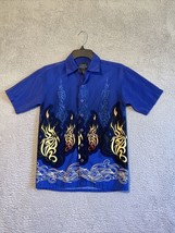 Vtg. Extreme Gear Flame Short Sleeve Button Up/Blue Yellow Tribal Fire/M... - $16.83
