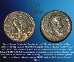 134-135 Ad (Ry 19) Römische Provincial Ägypten Hadrian AE Diobol Uraeus Schlange - £704.74 GBP