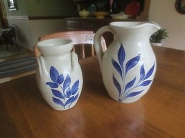 Williamsburg Pottery 5 1/2&quot; Vase &amp; 6 3/4&quot; Pitcher Or Jug With Blue Leaf Trim - £12.06 GBP