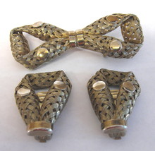 Unique Vintage Braided Brass Wire Bow Brooch/Pin with Clip Earrings Jewelry Set - £20.45 GBP