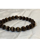 Brown Cat&#39;s Eye Men&#39;s Beaded Bracelet on Stretch Cord Gold Spacer Beads ... - £13.36 GBP