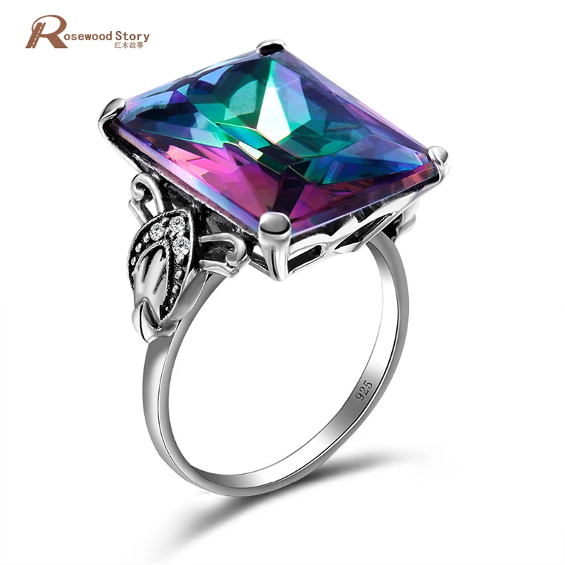 Vintage Charm Ring Mystic Rainbow Topaz Crystal Love Wedding Rings For Women 925 - £41.16 GBP