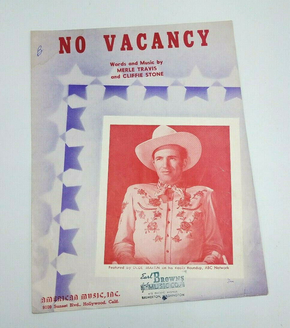 Primary image for Vintage Sheet Music No Vacancy 1946 Merle Travis Cliffie Stone American Music