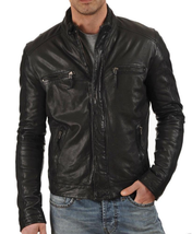 New Men&#39;s Genuine Lambskin Leather Jacket Black Slim Fit Motorcycle Jacket MJ002 - £80.07 GBP+