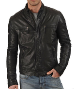 New Men&#39;s Genuine Lambskin Leather Jacket Black Slim Fit Motorcycle Jack... - £92.42 GBP