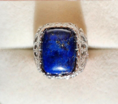 Natural Lapis Lazuli Large Cushion Solitaire Silver Ring, 21.50 ctw Size 7 - £7.92 GBP