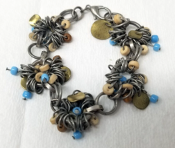 Boho Chic Artisanal Wire-Wrapped Bracelet with Wooden Accents and Blue Bead High - $18.95