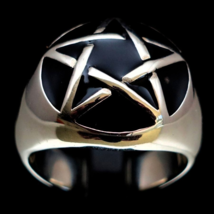 Sterling silver Pentagram ring Celtic Pentacle Pagan Wicca symbol on Black ename - £102.29 GBP