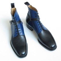 Handmade Two Tone Style Men Leather Black Blue High Ankle Lace up Boots - £119.87 GBP