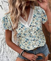 Floral Blooming Blue Floral Crochet-Accent V-Neck Top (Small) - $12.88