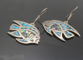 MEXICO 925 Silver - Vintage Abalone &amp; Turquoise Fish Drop Earrings - EG6045 - £45.83 GBP
