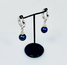 Black Pearl Drop Hoop Earrings 925 Sterling Silver, Handmade Stone Earri... - $73.00