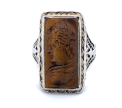 14k White Gold Filigree Genuine Natural Tiger&#39;s Eye Cameo Ring (#J4989) - £296.76 GBP
