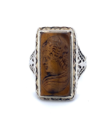 14k White Gold Filigree Genuine Natural Tiger&#39;s Eye Cameo Ring (#J4989) - $6,940.15 MXN