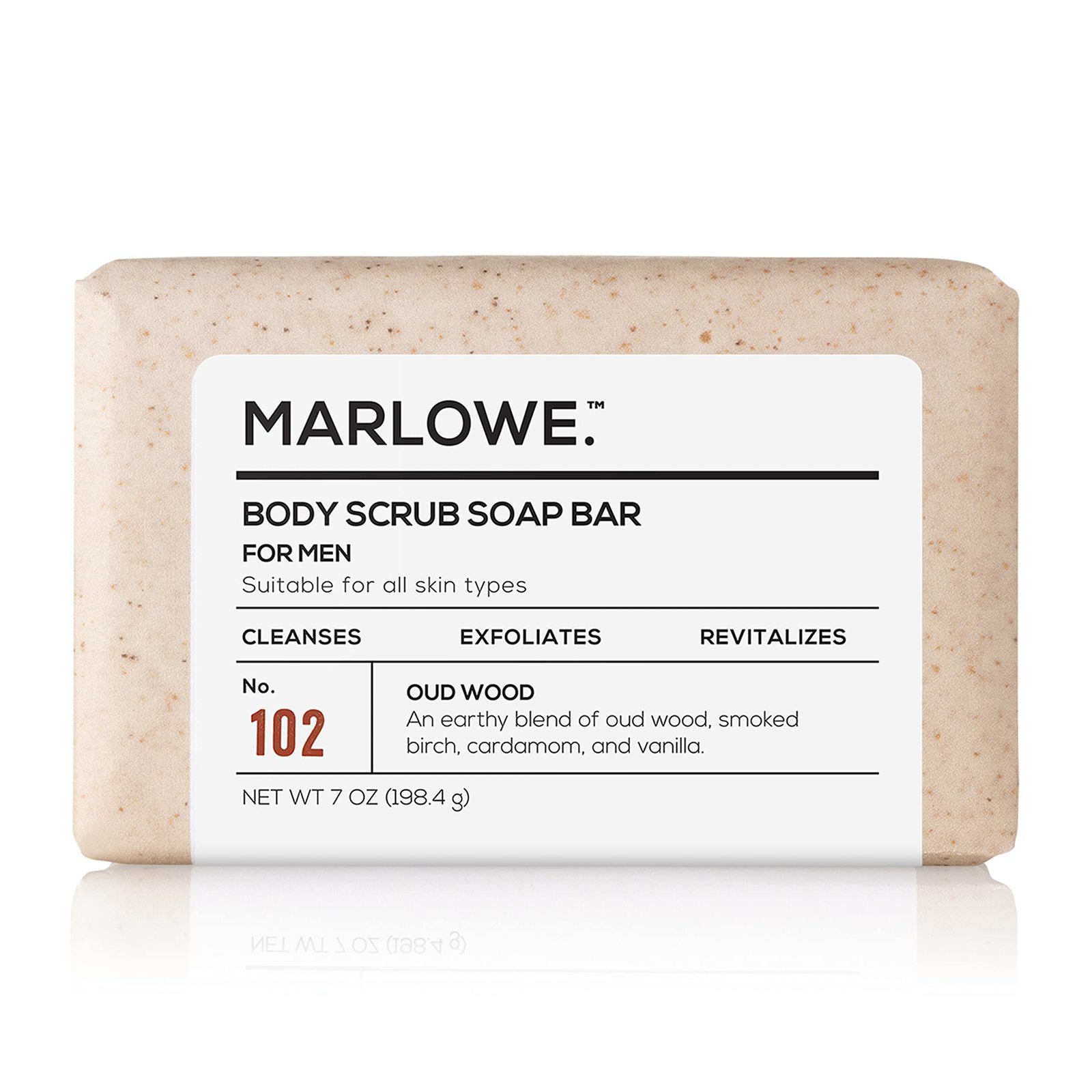 MARLOWE. No. 102 Men's Body Scrub Soap 7 oz, Earthy Oud Wood Scent, Best Exfoli