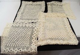 Hand Crocheted Doilies Napkins Pillow Case Lot of 4 Off White Vtg Square Linens - £30.85 GBP
