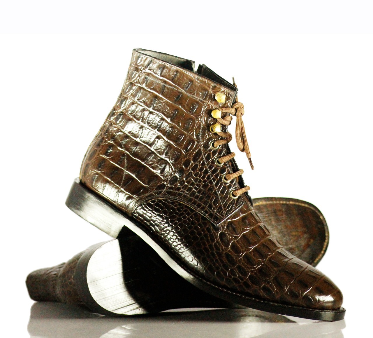 Handmade Men Brown Alligator Textured Leather Lace Up & Side Zipper Ankle Boots