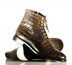 Handmade Men Brown Alligator Textured Leather Lace Up &amp; Side Zipper Ankle Boots - £127.88 GBP