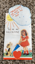 Vintage Valentines Day Card Girl Dog w Umbrella Weather Or Not - $4.99