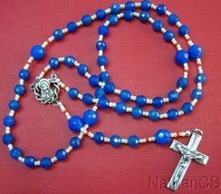 Catholic Rosary Faceted Blue Agate Beads &amp; Sterling Silver Cross and Center - £134.75 GBP