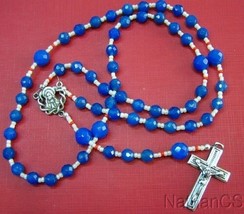 Catholic Rosary Faceted Blue Agate Beads &amp; Sterling Silver Cross and Center - £128.73 GBP