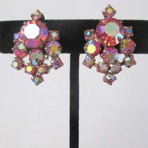 Women Clip On Earrings Pink Iridescent Rhinestones Vintage 60s Elegant Style - £21.78 GBP