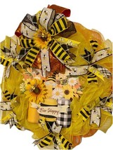 Handcrafted Deco Mesh 3D Bee Happy Theme Gnome Wreath 24 In Dia W Bee Su... - £42.24 GBP