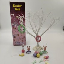 Vintage 90s White Wire 9&quot; Easter Tree with Box &amp; 11 Hanging Bunny Eggs Ornaments - £18.18 GBP