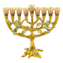 Menorah Green and Gold Tone Jeweled Hanukkah Candle Holder with Star of David - £64.10 GBP