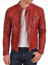 Men&#39;s Genuine Lambskin Leather Jacket, Men Red Slim fit Biker Motorcycle jacket - £115.45 GBP