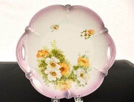 Vintage Bavarian Handled Porcelain Cake Plate, 9 1/2&quot; Pink Floral, Red Lion Mark - £23.05 GBP